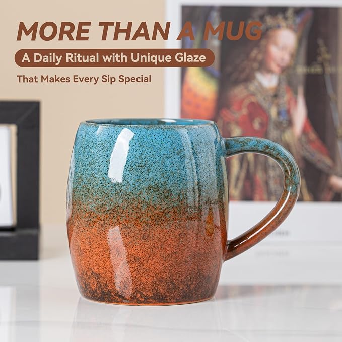 Handmade 22oz Ceramic Coffee Mug, Ergonomic Large Handle, Ideal Gift for Coffee Lovers, Microwave & Dishwasher Safe (Minute-Blue&Orange)
