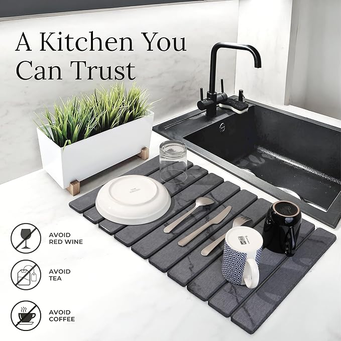 Large Stone Dish Drying Mat for Kitchen Counter 23.5”x 15.25” – Elegant Marbled-Inspired Surface Quick-Dry Absorbent Diatomaceous Earth - Multi-Use & Kitchen Mat for Dishes & Bottle Cups (Dark Gray)