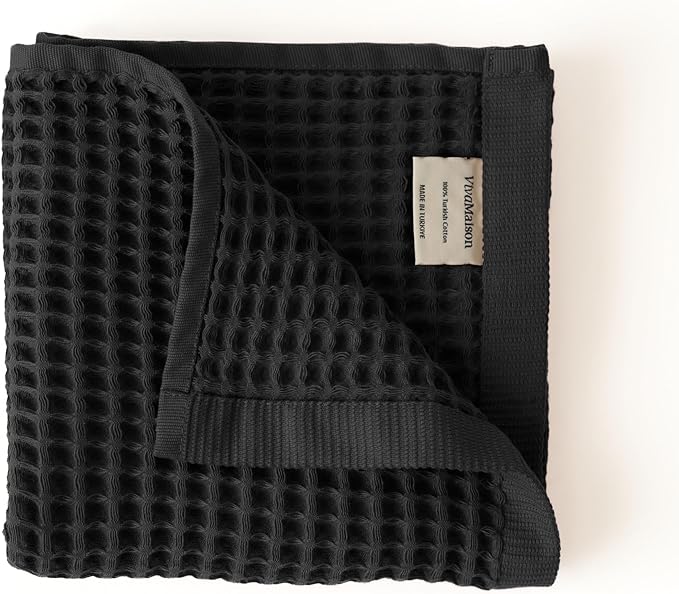 Premium Waffle Hand Towels Pack of 4 Extra Large 20x35 inch - 100% Turkish Cotton, Waffle Weave, Quick Dry, Lint Free, Super Absorbent, Thin Hand Bath Towel (Black, Set of 4 Hand Towels)