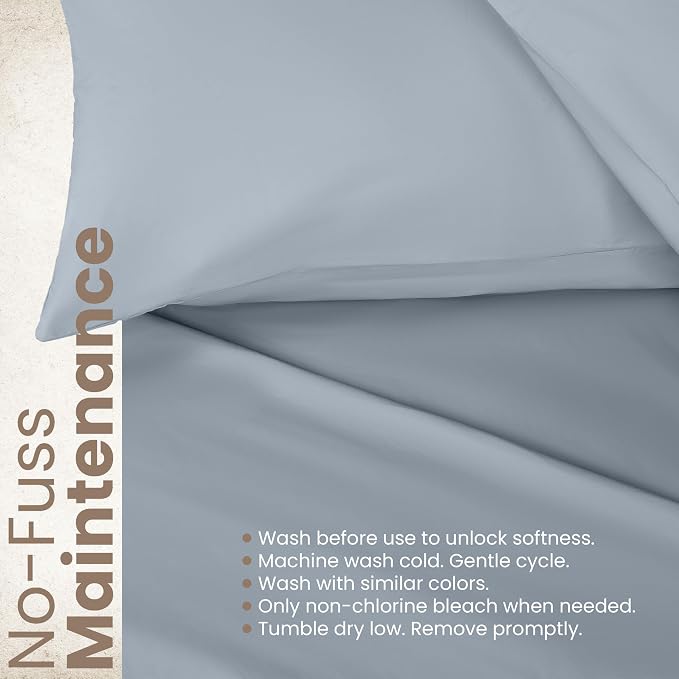 Martex EcoPure Queen Size Sheet Set, Blue | 100% Organic Cotton, Comfort Washed, Cooling, Deep Pocket, GOTS Certified