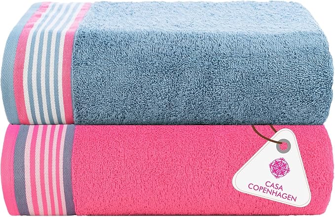 CASA COPENHAGEN He & She 2Pcs 100% Egyptian Cotton Large Designer Bathsheet Towels Gift Set- Dusty Blue - Pink, 550GSM, 35"x70" 2Bath Sheet Towels for Bathroom Set for Women & Men