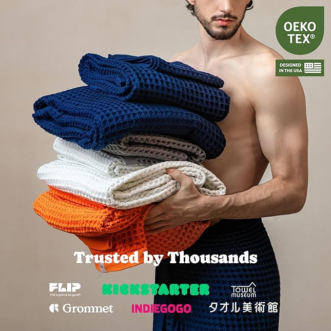 Luxury Organic Japanese Cotton Waffle Bath Towel | Thick, Absorbent, Quick Dry Bathroom Towels for Shower, Sauna, Onsen| Hotel & Spa Quality, Gift-Ready (Coral Orange, Bath Towel Set (3-Piece))