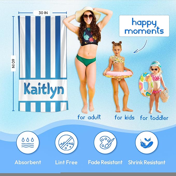 JML Personalized Beach Towel with Name, Custom Cabana Stripe Beach Towel, Customized Microfiber Pool Towel, Quick Dry & Absorbent Swim Towel for Adult,Mother's Day, Birthday, Summer Holiday,Vacation