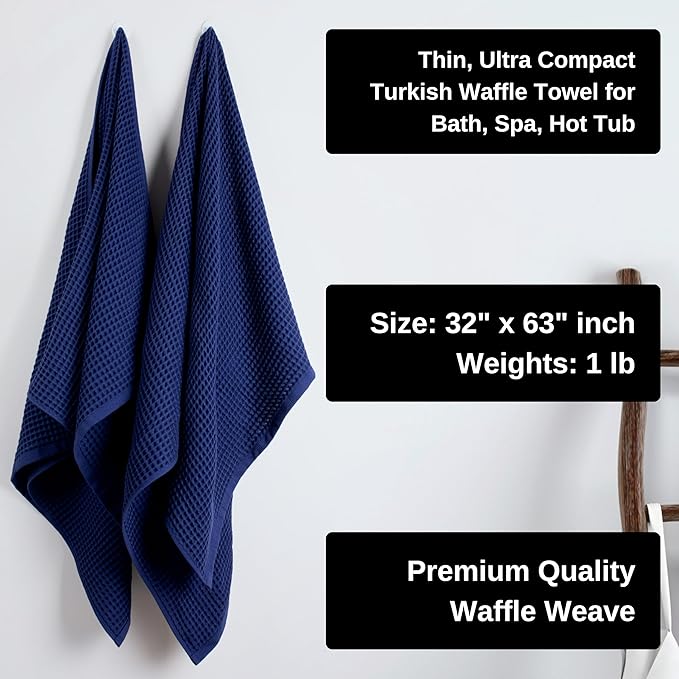 PÜSKÜL Pack of 2 Waffle Bath & Spa Towels - Premium 100% Turkish Organic Cotton - Quick Dry Thin Bath Towel for Bathroom - Made in Turkey (Navy Blue, 32x63 inch)