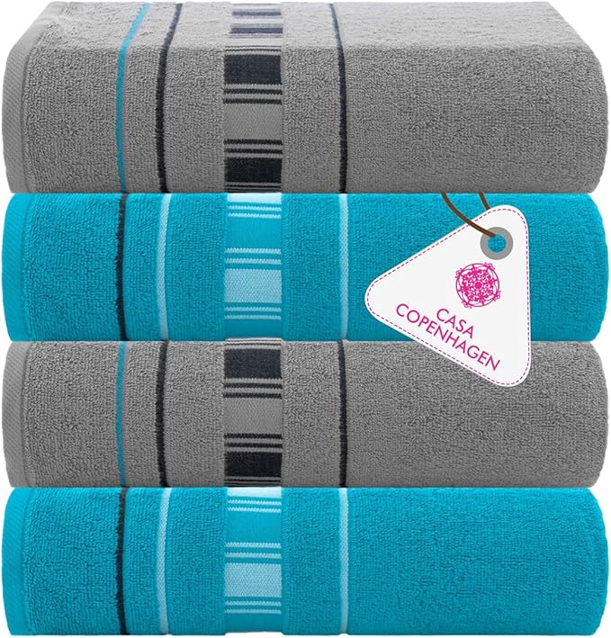 CASA COPENHAGEN X Line 4Pcs 100% Egyptian Cotton Designer Hand Towels Gift Set- Grey - Teal 600 GSM, 28"x16", 4Hand Towels for Bathroom Set for Women & Men