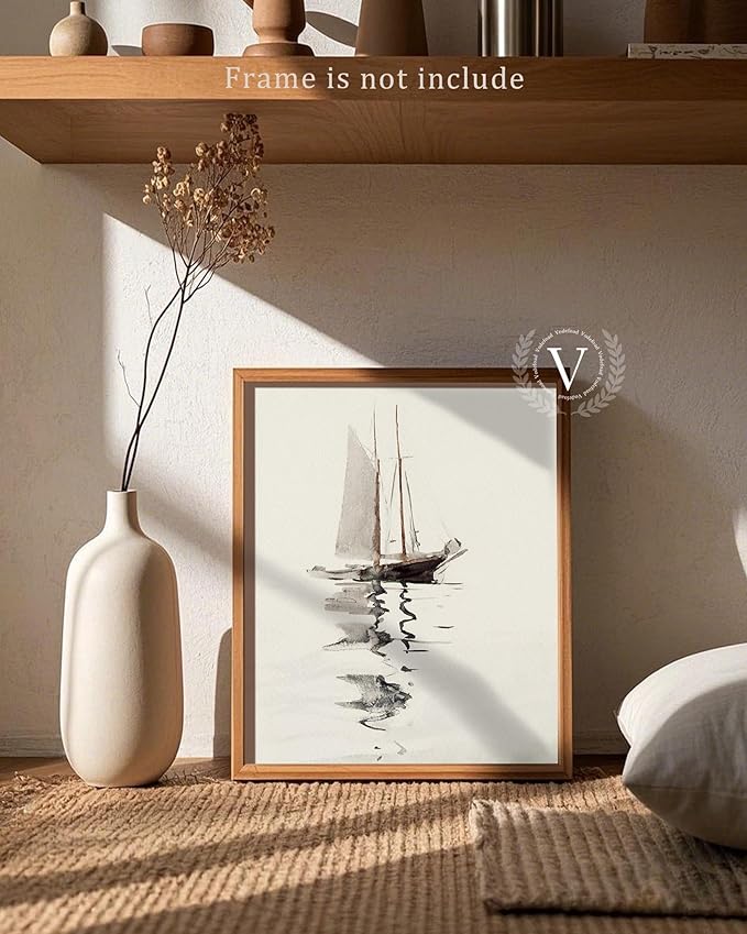 Vodefoad Vintage Coastal Sailboat Drawing Lake House Decor Soft Coastal Nautical Wall Art Neutral Nautical Wall Art Boat Sea Lover Wall Print Antique Sketch Art(UNFRAMED 8x10in)