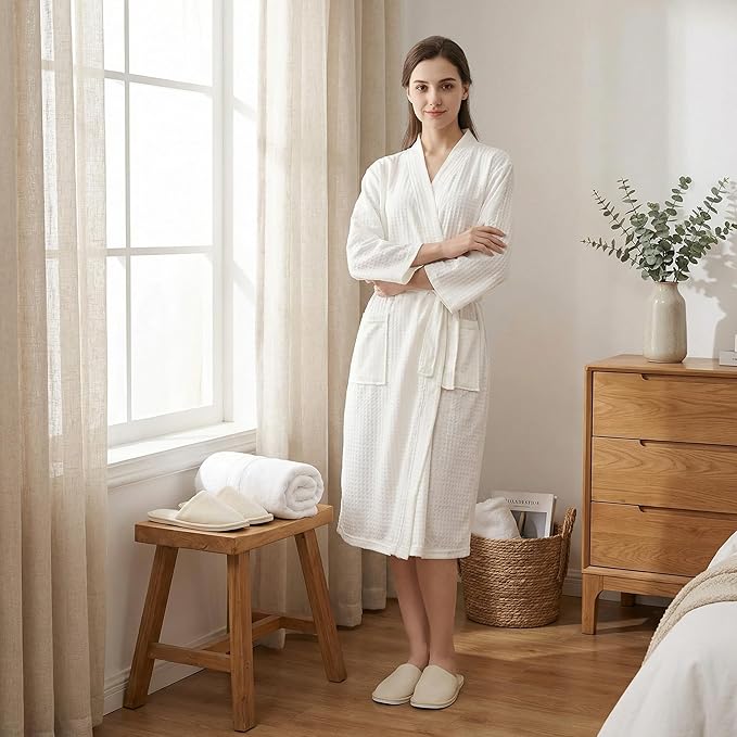 Jecery Waffle Bathrobe and Slippers Bulk Set Spa Robes Hotel Bath Lightweight Thin Commercial Soft for House Shower Party