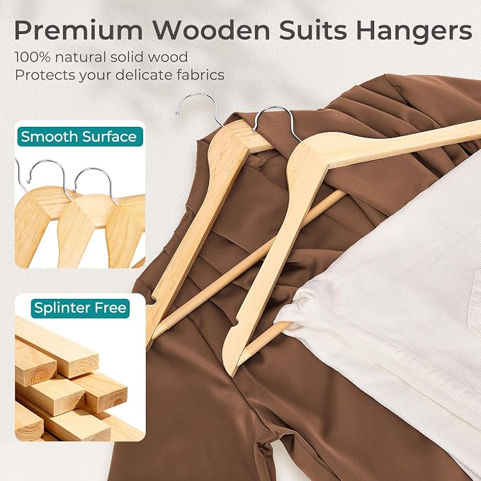 HOUSE DAY Premium Wooden Hangers 10 Pack - Heavy Duty & Durable Coat Hanger | Natural Wood Suit Hangers, 360° Swivel Hook & Pant Bar, Ideal for Jackets, Dresses, Shirts, Perfect for Closet Organization