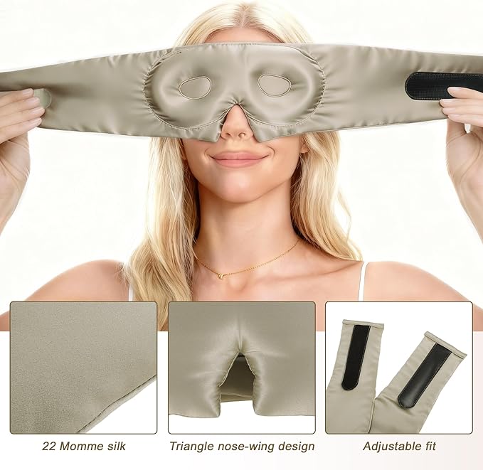 VOCOSTE 22 Momme Pure Silk Sleep Mask with Travel Pouch, 3D Contour Adjustable Blindfold for Side Sleepers, Taupe