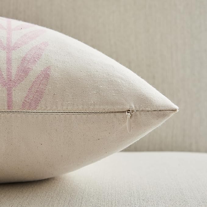 100% Cotton Farmhouse Leaves Throw Pillow Covers Set of 2, 18x18 Inch Mixed Pink Pastoral Decorative Print Cushion Covers for Sofa Bed Living Room Home Decor
