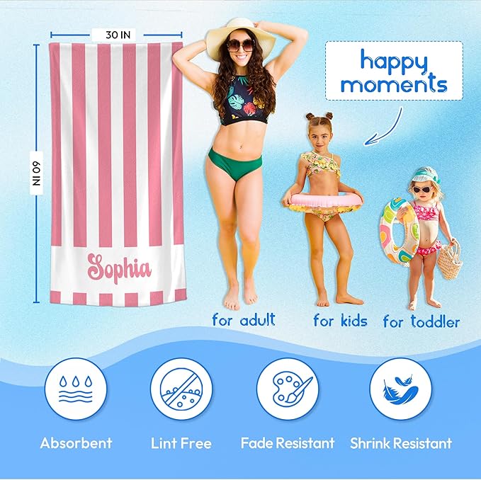 JML Personalized Beach Towel with Name, Custom Cabana Stripe Beach Towel, Customized Microfiber Pool Towel, Quick Dry & Absorbent Swim Towel for Adult,Anniversary, Birthday, Summer Holiday,Vacation