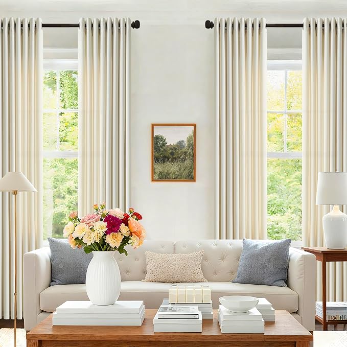 Cream Beige Linen Curtains 84 Inches Long for Living Room Bedroom Neutral Boho Farmhouse Bronze Grommet Ring Top Privacy Light Filtering Non-See-Through Floor Ceiling Linen Drapes 84 Length 2 Panels