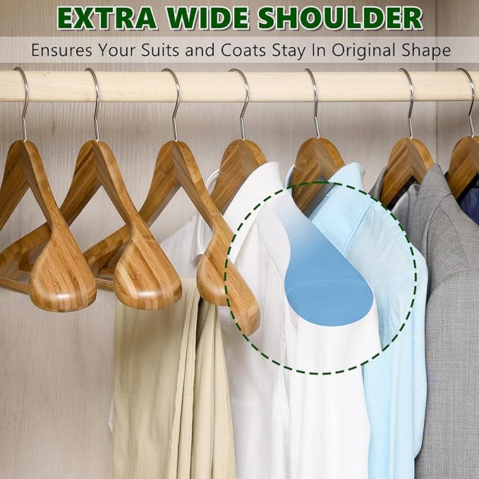 Amber Home 6 Pack Wide Shoulder Bamboo Wood Suit Coat Hangers, Wooden Clothes Hangers with Pants Bar, Heavy Duty Jacket Hangers for Dress, Pants, Heavy Clothes