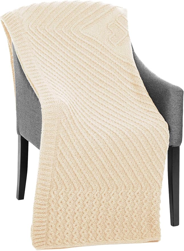 SAOL Irish Throw with Shamrock - 100% Merino Wool Aran Couch Blanket 48'' x 68'' (122 x 173 cm) (Natural)