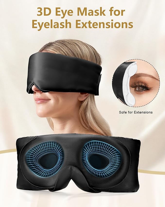 BeeVines 100% 22 Momme Silk 3D Sleep Mask for Men & Women, Luxury Silk 3D Contoured Eye Mask for Lash Extensions, Zero Pressure on Eyes & Blackout for Sleeping, Travel, with Adjustable Band