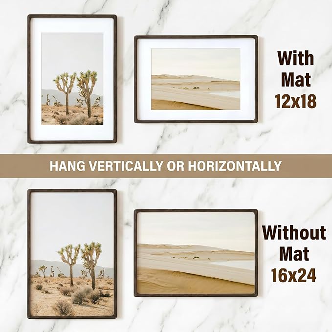 Fun Memories 16x24 Poster Frame, Natural Wenge Wood Picture Frame with HD Tempered Glass, Handcrafted Rounded Corner 16 x 24 Wooden Frame Matted to 12x18 Photos, Horizontal or Vertical Wall Display