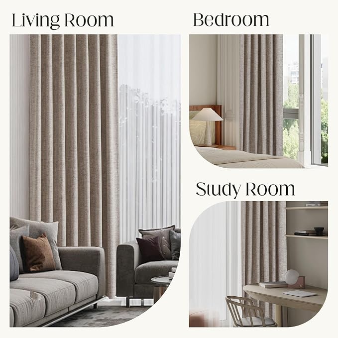 CUCRAF Natural Linen 100% Blackout Curtains 108 Inch Length 2 Panels Set, Back Tab and Rod Pocket Curtain for Living Room Bedroom, Room Darkening Window Drapes Thermal Insulated, (37x108 inch, Linen)