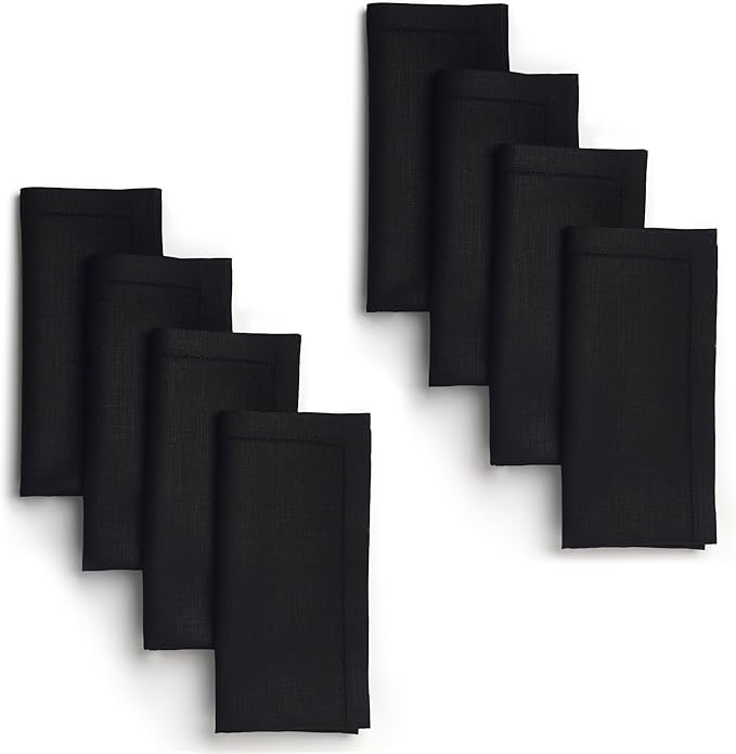 Signature Linen™ by D'Moksha Black Dinner Napkins Set of 8, 20 x 20 Inch Cloth Napkins, 100% Pure Linen, Hemstitch, Machine Washable Table Napkins- Summer, Father's Day