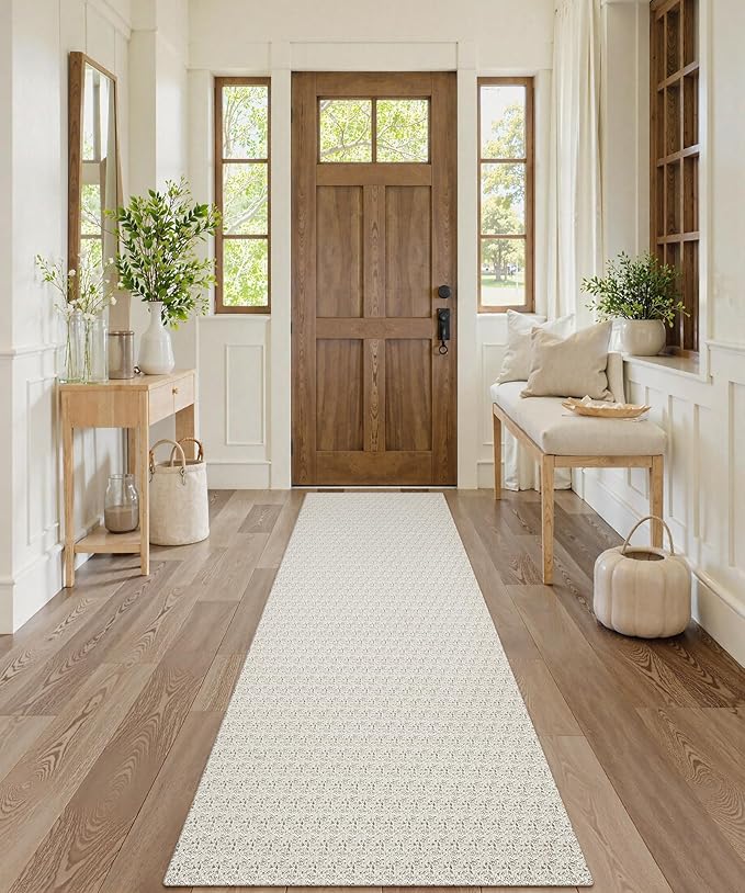 Collive 2x7 Runners Rug for Hallways, Washable Farmhouse Kitchen Runner Rug Boho Non Slip Low-Profile Indoor Entryway Rug, Tan Woven Cotton Bedroom Carpet for Bathroom Doorway