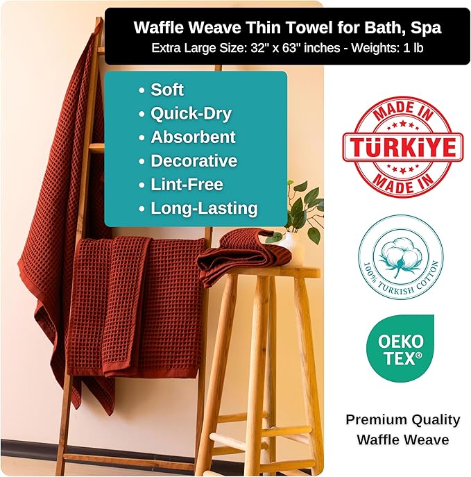 PÜSKÜL Pack of 2 Waffle Bath & Spa Towels - Premium 100% Turkish Organic Cotton - Quick Dry Thin Bath Towel for Bathroom - Made in Turkey (Brick, 32x63 inch)