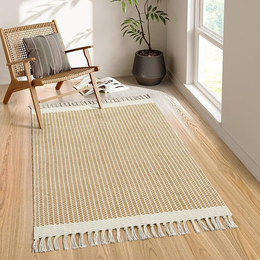 Lahome Belle Boho Rugs for Bedroom, 3x5 Bathroom Rug Lightweight Farmhouse Woven Area Rug with Tassels, Throw Rugs Washable Kitchen Rug Non Shedding Indoor Door Mats for Entryway Living Room, Khaki