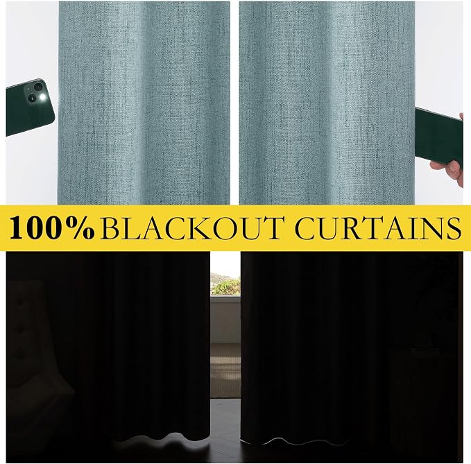 NICETOWN Skylark Blue Linen 100% Blackout Curtains W52 x L48 in, Thermal Insulated & Noise Reducing Small Window Treatments with Grey Liner, Rod Pocket & Back Tab Cafe Curtains for Bathroom, Kitchen