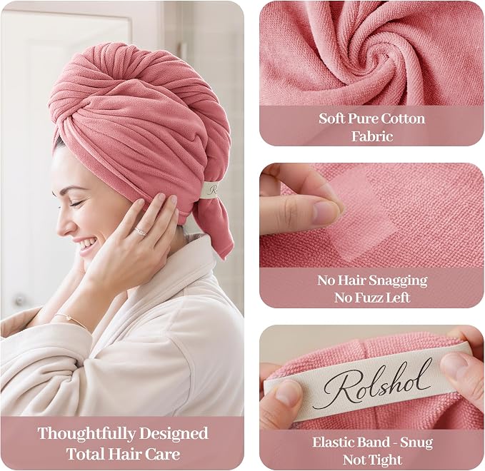 ROLSHOL Cotton Hair Towel Wrap for Women, 2 Pack 100% Cotton Hair Drying Towels for Long, Thick & Curly Hair, 32" x 11" Large Hair Turban for Wet Hair with Elastic Band (Pink Leopard Print)