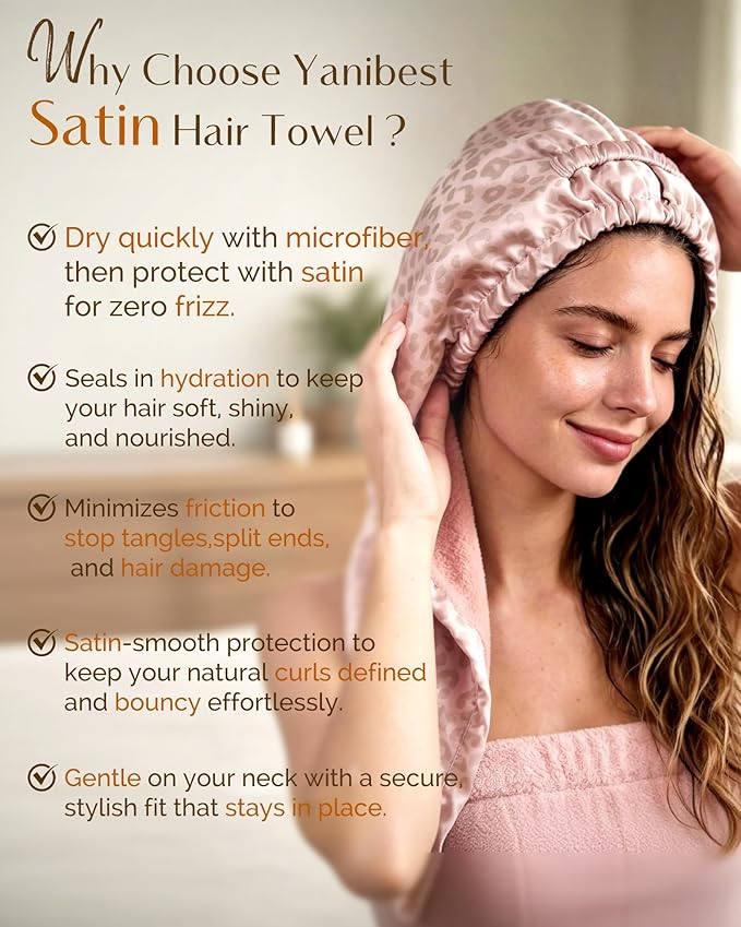 YANIBEST Satin Microfiber Hair Towel Wrap for Women, Fast Drying, Ultra Absorbent, Head Turban with Elastic for All Hair Types, Pinkleopard