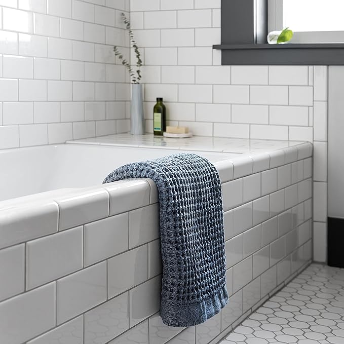 ONSEN Supima® Waffle Bath Towel Set, Quick Dry Lint Free 100% USA Cotton, Bath Hand and Face Towel Bundle, 3 Piece (Denim Blue, Bath Towel Set)