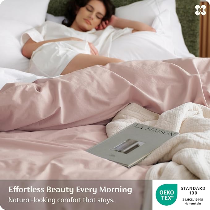 Bedsure Duvet Cover Queen Size - 100% Washed Cotton, Linen-Like Minimalist Bedding - PureWoven Plain Soft Comforter Cover for All Seasons, 1 Duvet Cover Only (Petal Pink, 90" x 90")