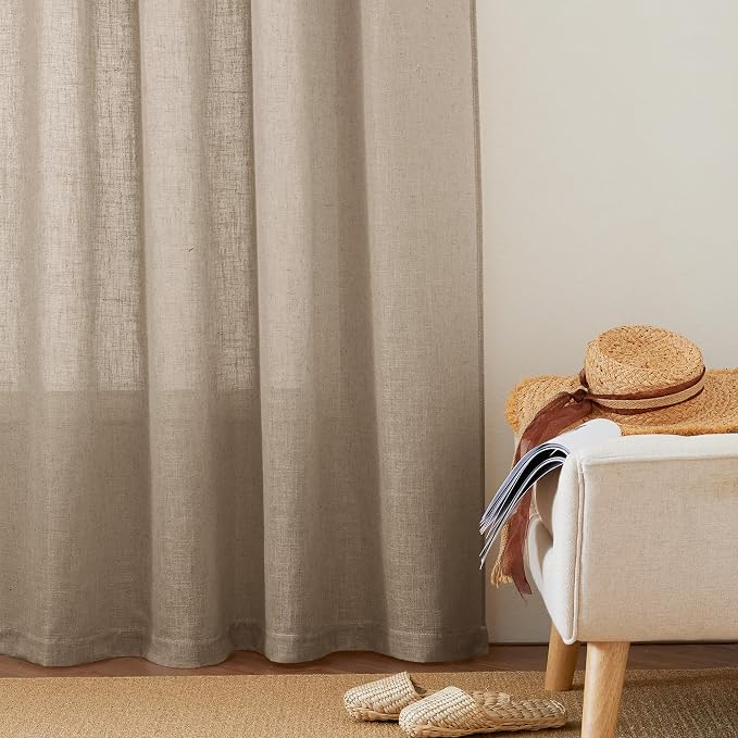 RYB HOME Light Filtering Linen Sheer Curtains, Back Tab Rod Pocket Privacy Protected Linen Blend Burlap Panels for Farmhouse/Living Room/Dining Room, Khaki, Length 84 by Width 52 inch, 2 Panels