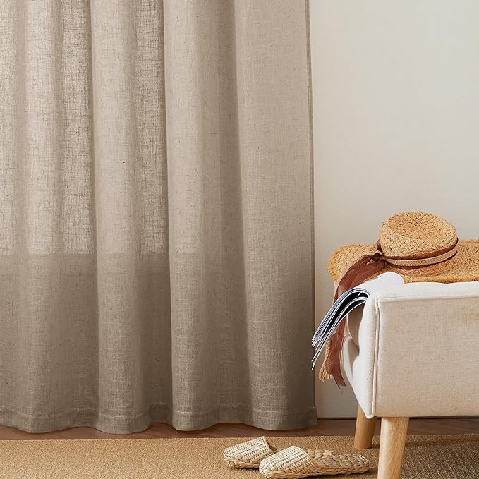 RYB HOME Semi Sheer Linen Blend Curtains - Back Tab 70 inches Widith Light Filtering Half Privacy Home Decor for Long Windows Living Room Bedroom Nursery, W 70 x L 84 inch, 2 Pcs, Khaki