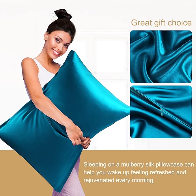 uxcell 1 Pack 100% Charmeuse Pure Silk Pillowcase for Hair and Skin, 350TC 19 Momme Soft Breathable Pillow Case with Hidden Zipper, Peacock Blue King(20x36inch)