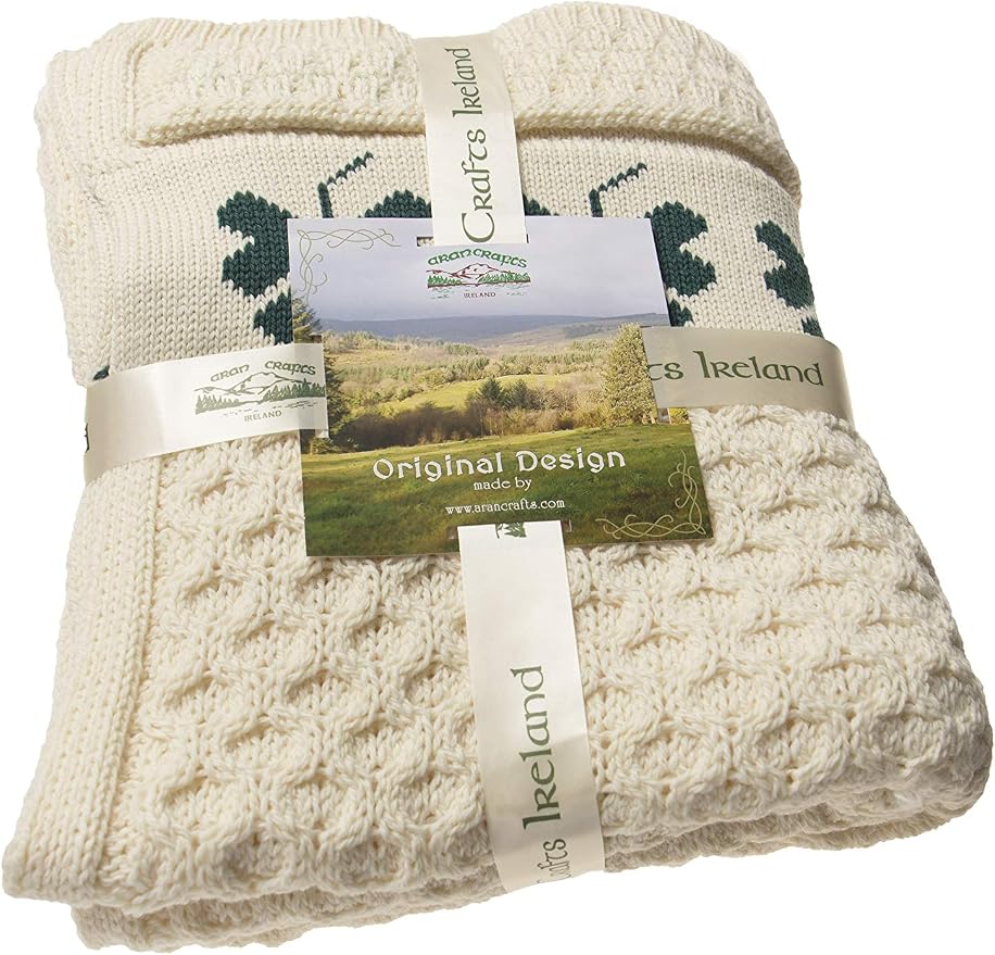 Aran Crafts Shamrock Couch 100% Merino Wool Throw Blanket 50"x60" (SHAM-THR-NAT)
