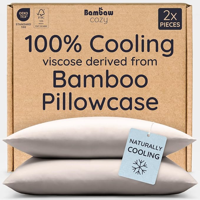 Bambaw 100% Viscose Derived from Bamboo Pillowcase King Size – Set of 2 Cooling Pillow Cases for Hair Protection with Envelope Closure, Breathable & Anti Acne Pillowcase (Sand)
