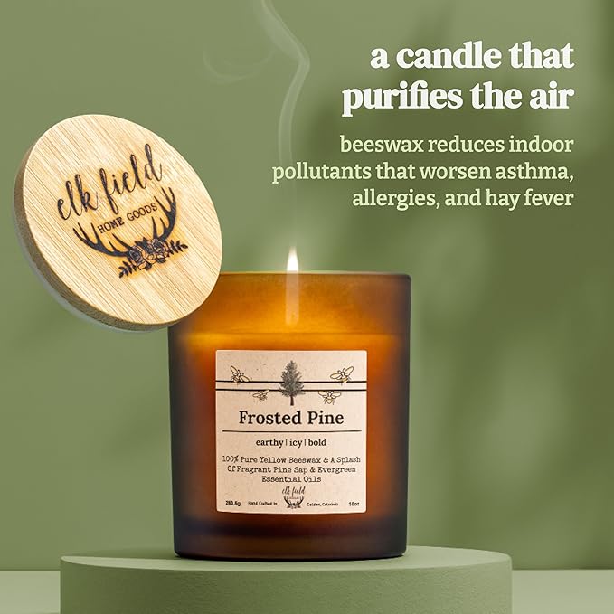 Frosted Pine Organic Beeswax Candle, 8oz | 2 Ingredients | 100% Pure Beeswax Candles, Non Toxic, Natural, Organic Candles, Essential Oil Scented, 50 Hour