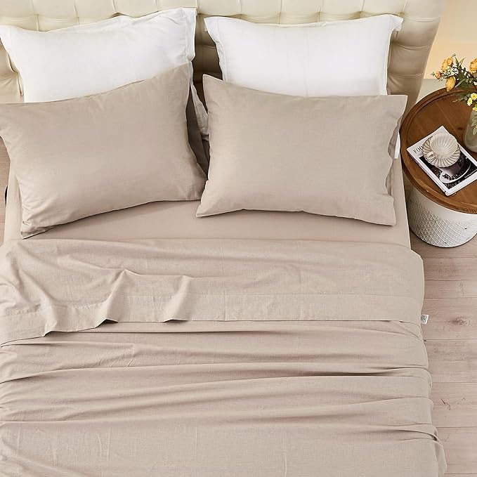 BISELINA Linen Sheet French Flax Flat Sheet Only 55% Euro Linen 45% Cotton Basic Style Solid Color Soft Breathable Farmhouse Top Sheet 1-Piece (California King, Khaki)