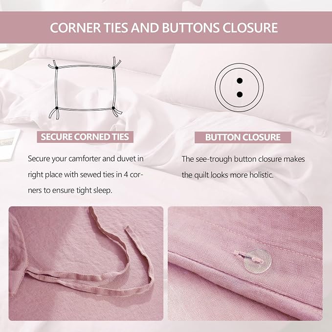 S VICTORY SYMBOL 100% Organic Linen Duvet Cover Set 3PCS King Size,Stone Washed Natural French Flax Bedding,1 Duvet Cover and 2 Pillowcases,Farmhouse Bedding Set(Pink Lavender)