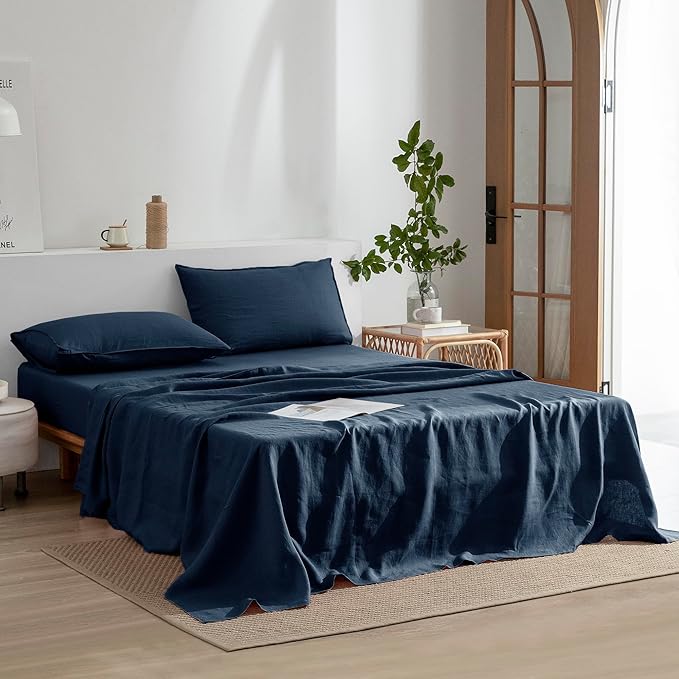 EVERLY Linen Sheets Set Twin Size,100% French Stonewash Pure Linen Sheets Set,3Pieces (1Flat Sheet,1Fitted Sheet,1Pillowcase) Suitable for Hot Sleepers,Deep Pocket Bedding Set-Navy Blue