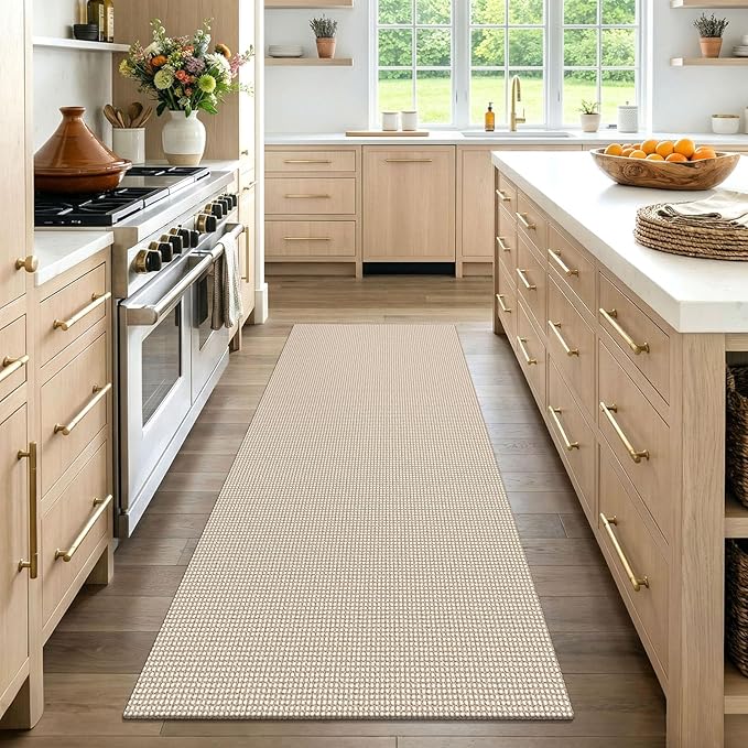 EARTHALL Woven Runner Rug 3x7 Ft Washable Runners for Hallways Wide Non Slip Rubber Backed Kitchen Runner Braided Indoor Floor Carpet for Entryway, Hallway, Kitchen, Bedroom, Beige/Ivory