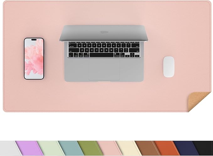 AFIING Cork Desk Mat 31.5" x 17", Waterproof Dual-Sided Cork & PU Leather Desk Pad, Non-Slip Desk Protector for Home Office, Workspace Setup & Gaming, Pink