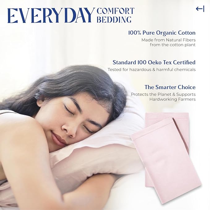 Mayfair Linen 100% Organic Cotton Percale Pillow Cases Standard/Queen Size Set of 2 - Percale Pillowcases Standard/Queen, Soft Cooling Pillow Cases for Sleeping, Cotton Pillowcovers - Blush