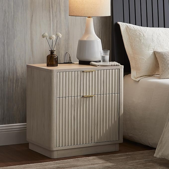 T4TREAM 23'' Fluted Nightstand Swith Charging Station, Large 2 Drawer Side Table, Modern End Table with Storage, Mid Century Bedside Table for Bedroom, Living Room, Curved Profile, White Alder
