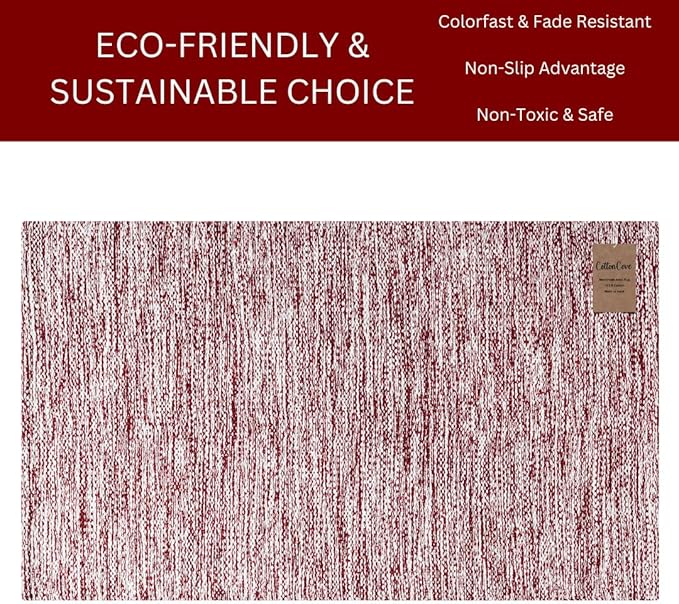 Hand Woven Area Rug 4x6 Feet - Rustic Farmhouse Bohemian Accent Rug for Living Room Bedroom Kitchen Entryway Floor Mats - Ideal for High Traffic Areas 100% Cotton Rag Rug Red