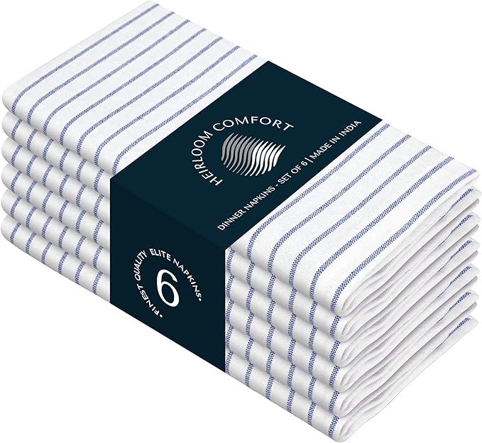 Indigo Blue Stripe Napkins Set of 6, 18x18 Inch, 100% Cotton, Classic Striped Cloth Napkin for Formal Events, Holiday Dinners, Reusable and Washable Fabric for Everyday Dining