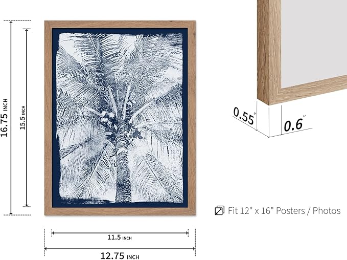 Monem Art Coastal Palm Tree Cyanotype Print - Blue and White Tropical Botanical Design Poster - Wall Decor for Beach House, Bedroom or Living Room - 12x16 Beige Framed Wall Art by Renee Stramel