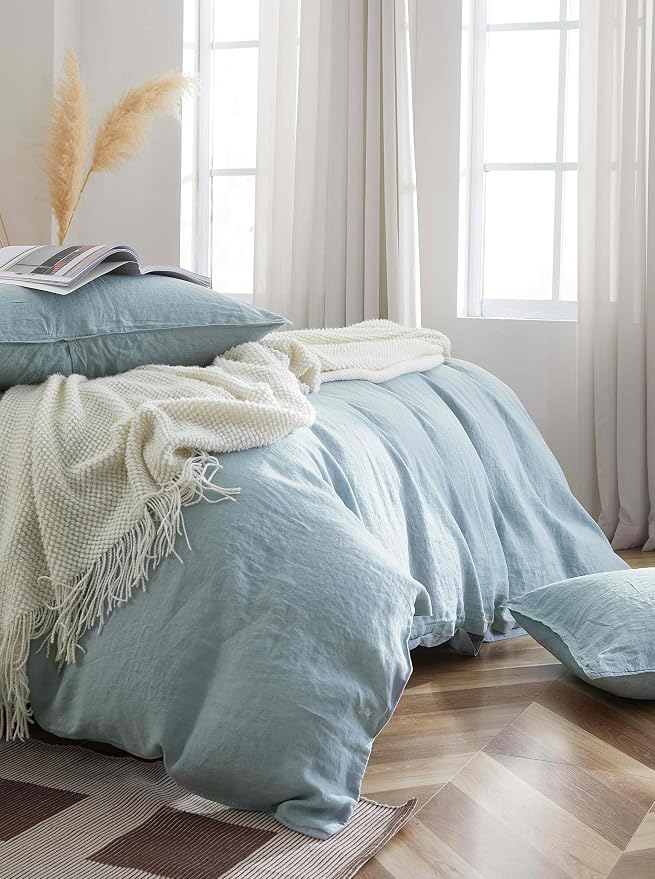 100% French Flax Linen Duvet Cover Set, Queen Size 90''x90'' 3 Pcs with 8 Corner Ties and Button Closure, Soft and Breathable for All Season(Blue, Queen)