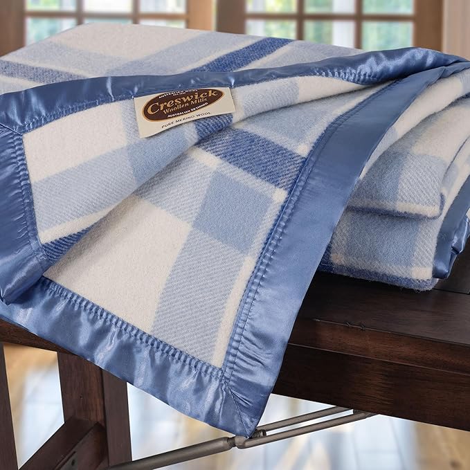 Creswick Woollen Mills 100% Australian Merino Wool Blanket – Soft Warm and Natural with Satin Binding, Breathable Luxury Bedding for All Seasons, (Blue Plaid, Twin Size)