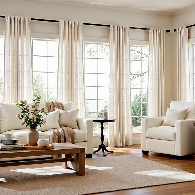 jinchan Beige Linen Blend Curtains 108 Inches Extra Long 2 Panels for Bedroom Living Room, Light Filtering 60 Inches Wide Natural Farmhouse Drapes with Rod Pocket Back Tab (60W x 108L, Ecru)