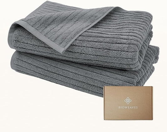 BIOWEAVES 100% Organic Cotton 700 GSM Luxury Ribbed Bath Towel Set for Bathroom 30" x 58" GOTS Certified - Pewter, Pack of 2